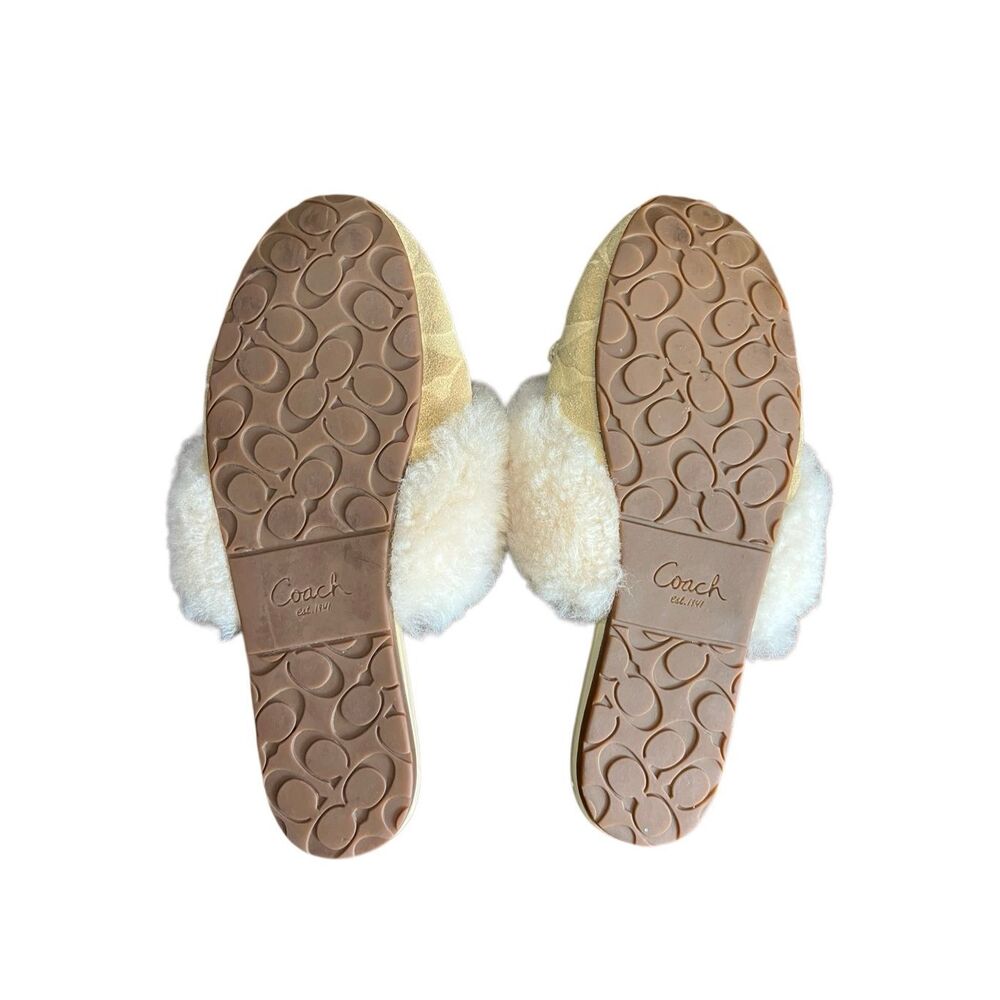 Coach Carra Sand Suede Signature C Embossed Sheep Fur Slippers Slides A0024 Size - Picture 6 of 9